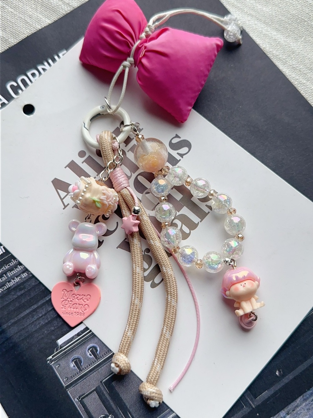 Pink 🐻 & Angel Bag Charm Keychain with Beaded & Bow